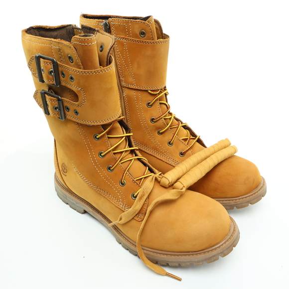 Timberland Mid-Calf Double Strap Leather Lace Up Boots Women 11 Tan - Picture 3 of 17